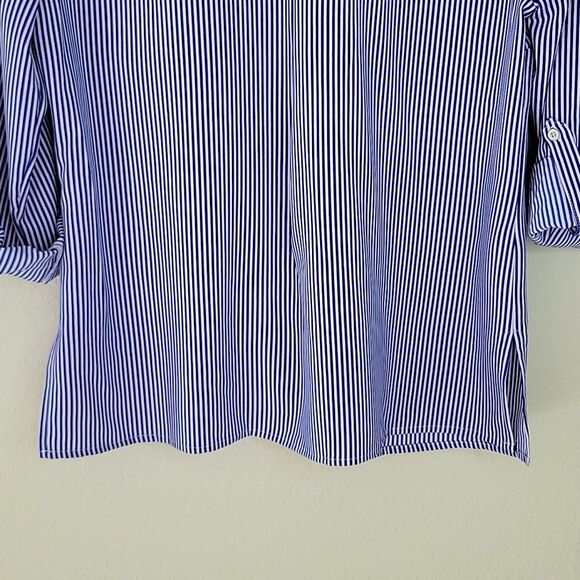 Notations Blue White Striped Long Sleeve Button Down Blouse size L Roll Tab NWT - Picture 8 of 12